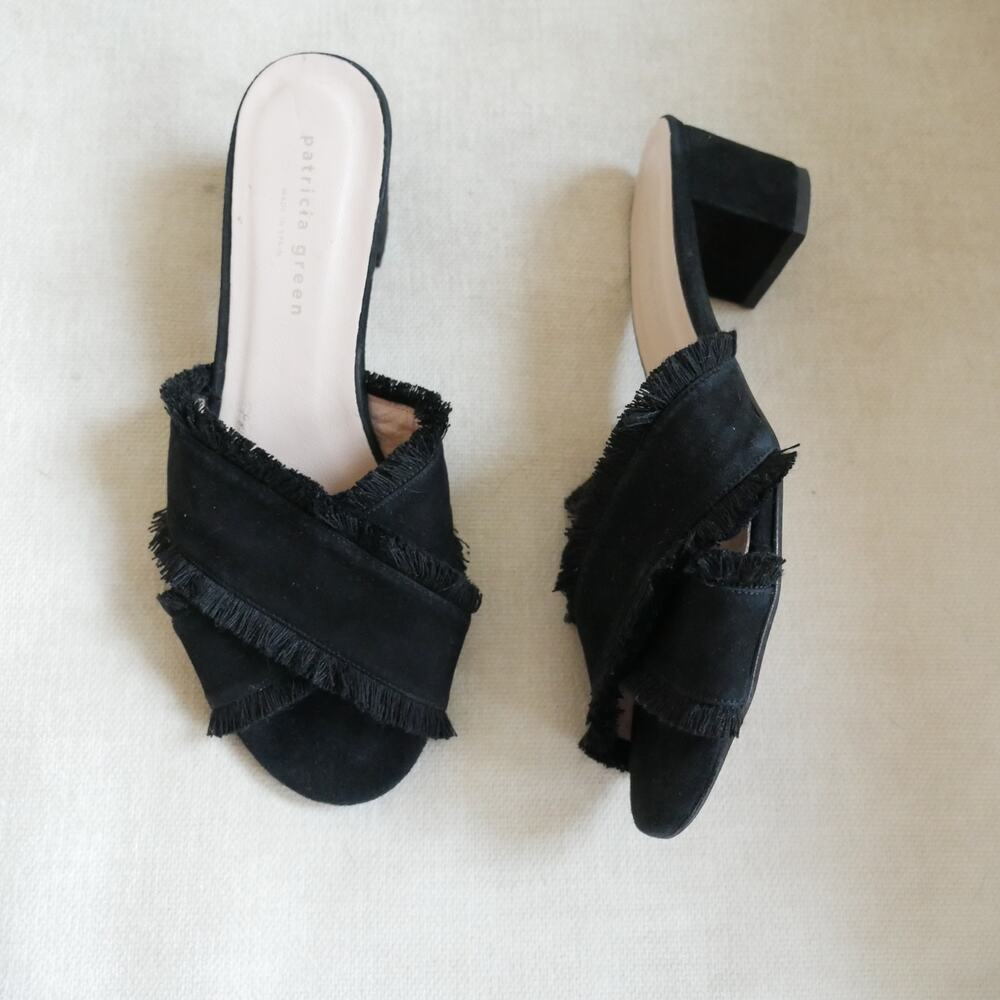 Patricia Green Kate Fringe Mule Sandal heel made in Spain black suede womens 6 - Picture 3 of 11